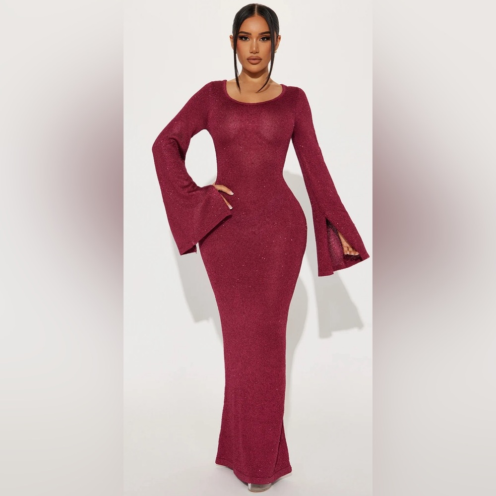 Fashion Nova NWT Red Wine Burgundy Long Sleeve Dress Size XS